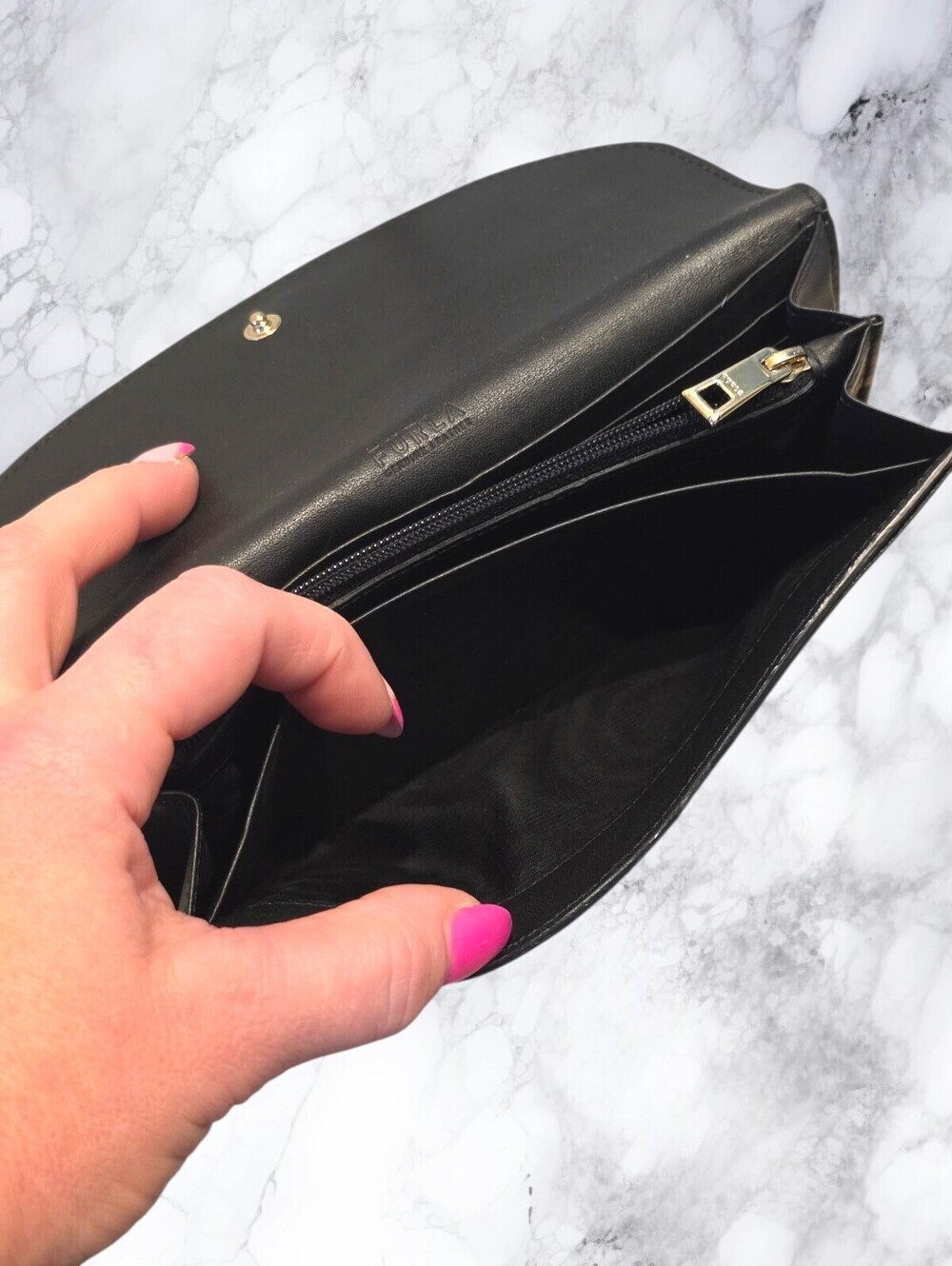 Furla Black Pebbled Leather Continental Wallet Long Zip Organizer Gold Logo - Picture 9 of 14